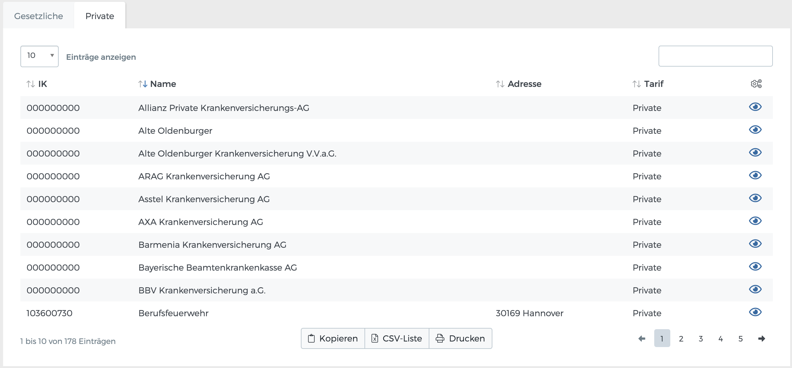 Liste aller privaten Krankenkassen