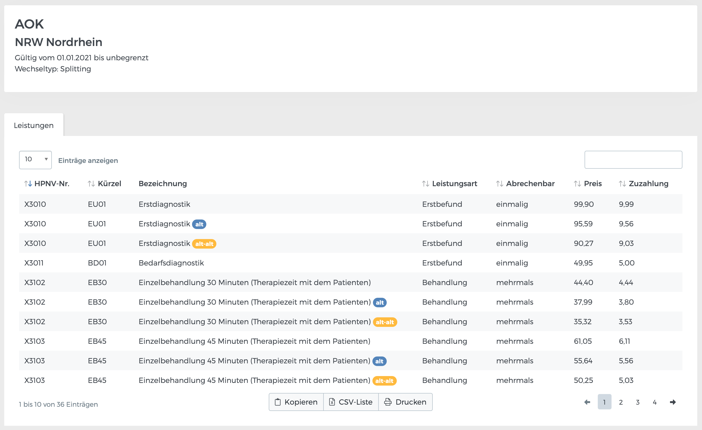 Liste aller GKV-Tarife